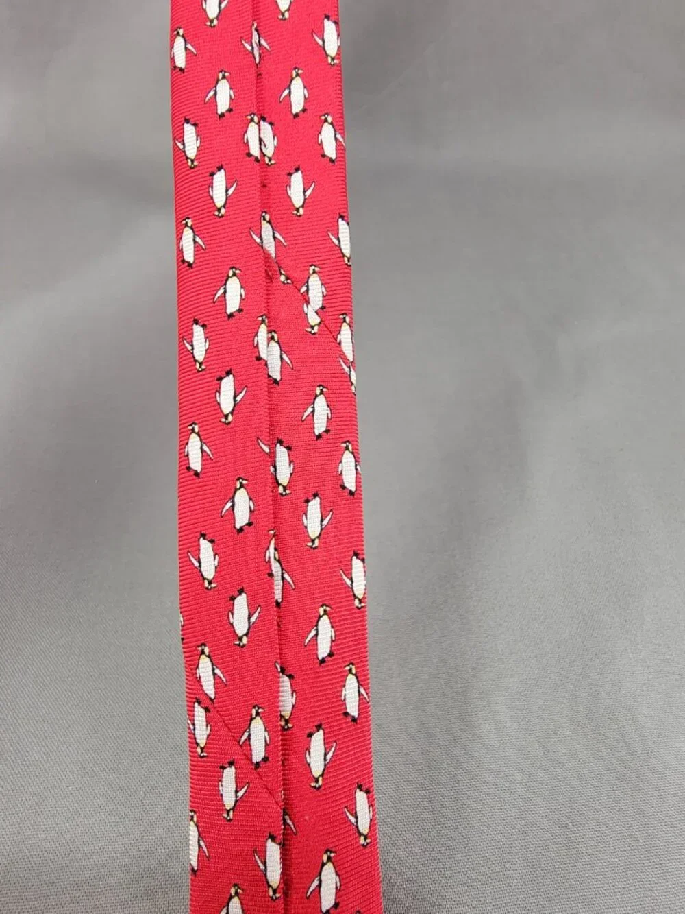 J Crew Silk Necktie Tie Mens Red White Penguin Print